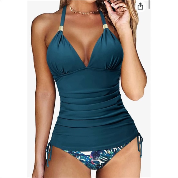 NWT Teal two piece tankini swimsuit high waisted bottoms. - Picture 2 of 9